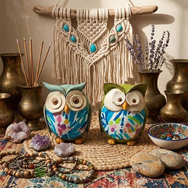Búhos Decorativos de Resina | Figuras Boho Místicas y Coloridas