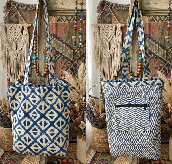 Bolso Tote Reversible de Algodón | Estampado Étnico Índigo