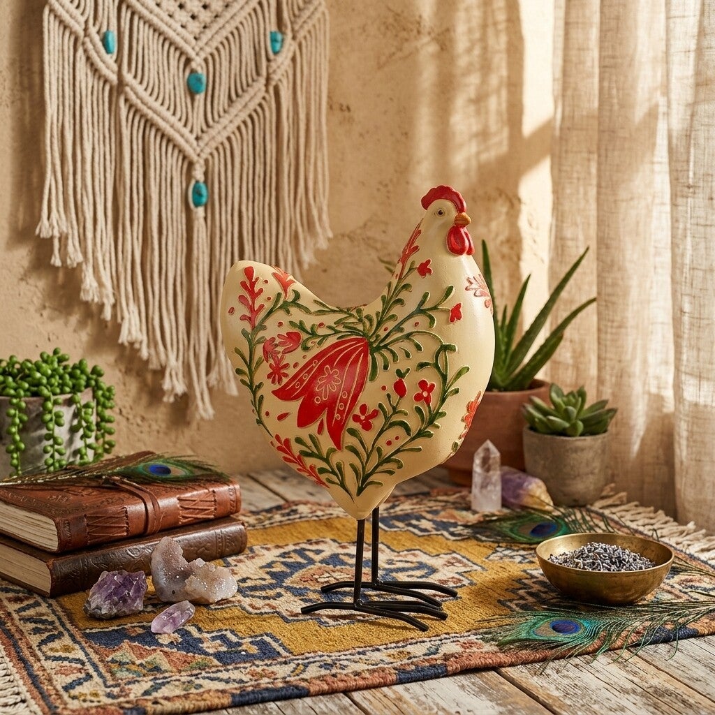 Figura Gallina Decorativa Boho | Adorno Folclórico en Resina y Metal