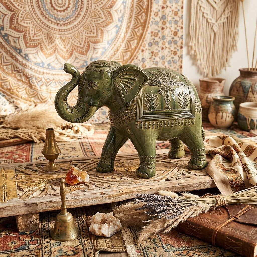 Elefante Decorativo Verde Boho Chic | Figura de Buena Suerte