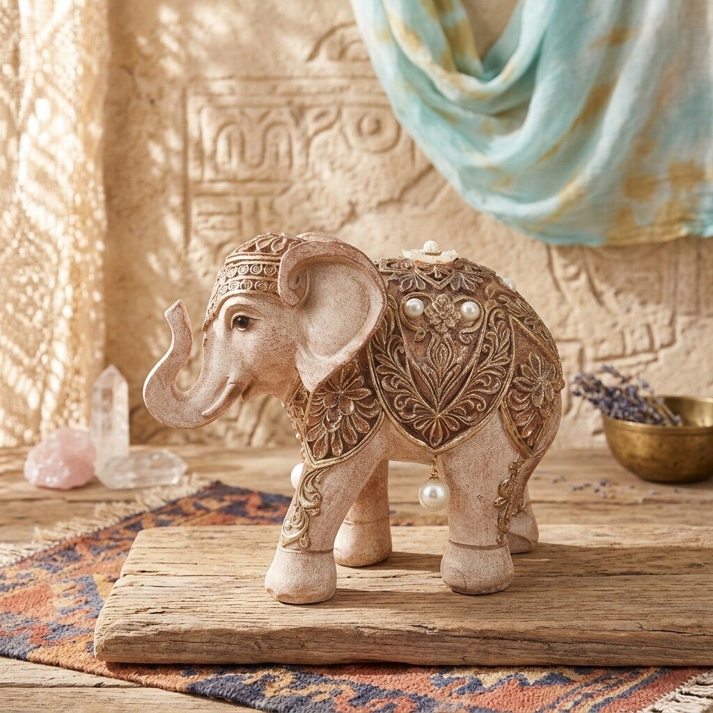 Figura Elefante Étnico en Resina | Decoración Boho Chic de Buena Suerte