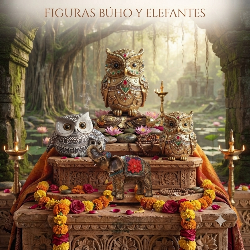 Figuras Búho de resina y elefantes de resina