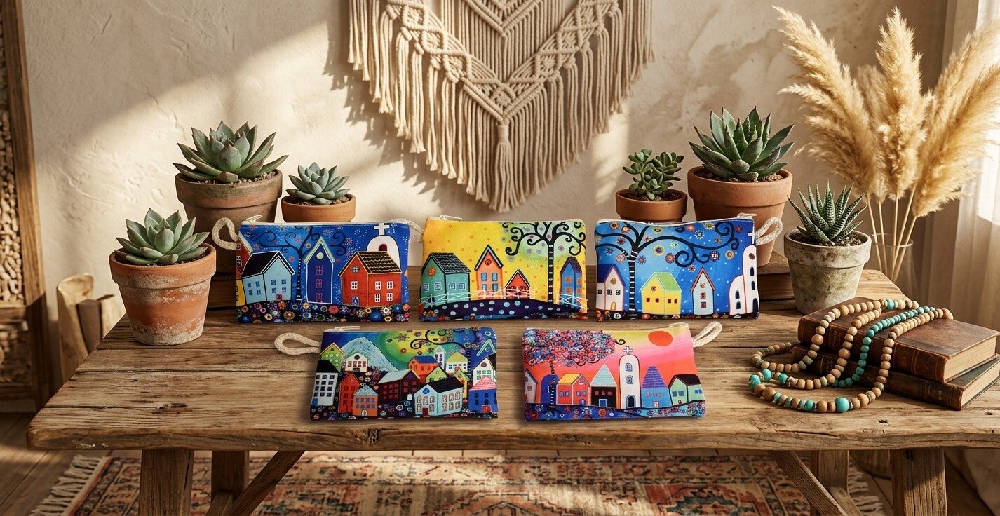 Monedero de Algodón Ilustrado Casitas Boho