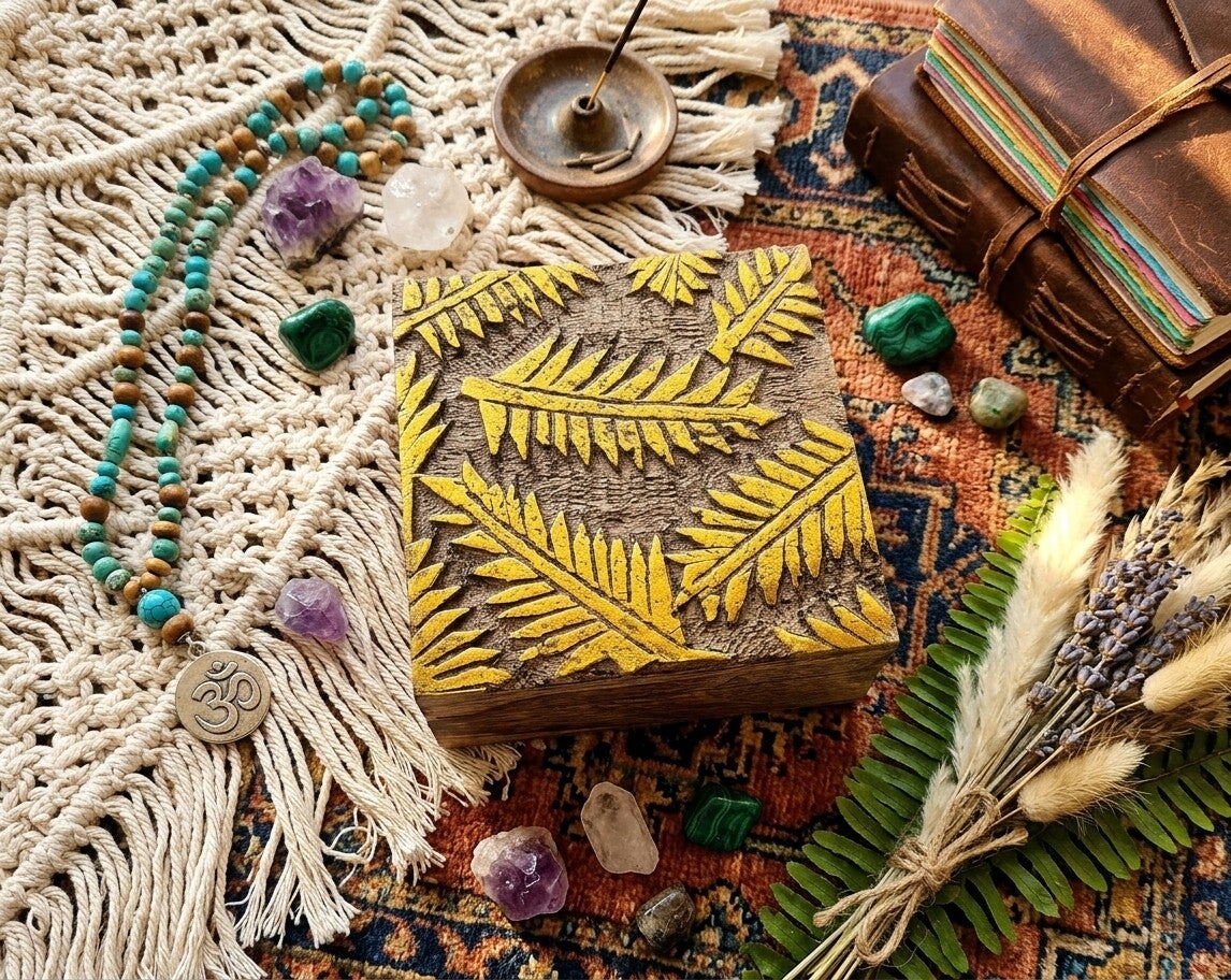 Caja de Madera Tallada Palmera Dorado | Estilo Boho Chic