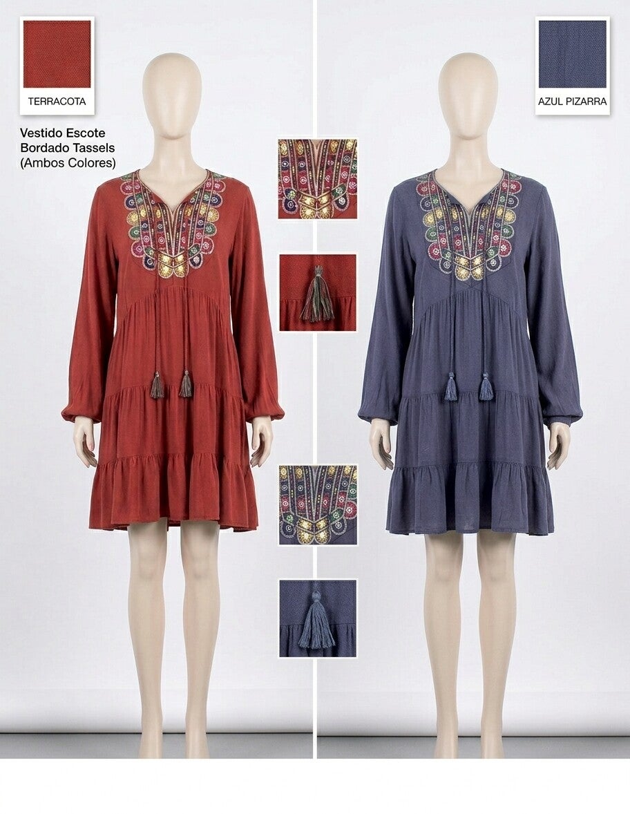 Vestido Corto Boho Chic Jaipur | Viscosa Bordada con Espejos y Borlas