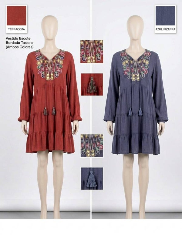 Vestido Corto Boho Chic Jaipur | Viscosa Bordada con Espejos y Borlas