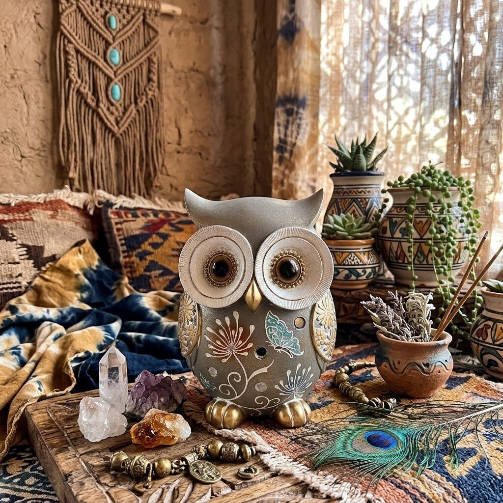 Figura Búho Decorativo Resina Gris y Oro | Adorno Boho Chic
