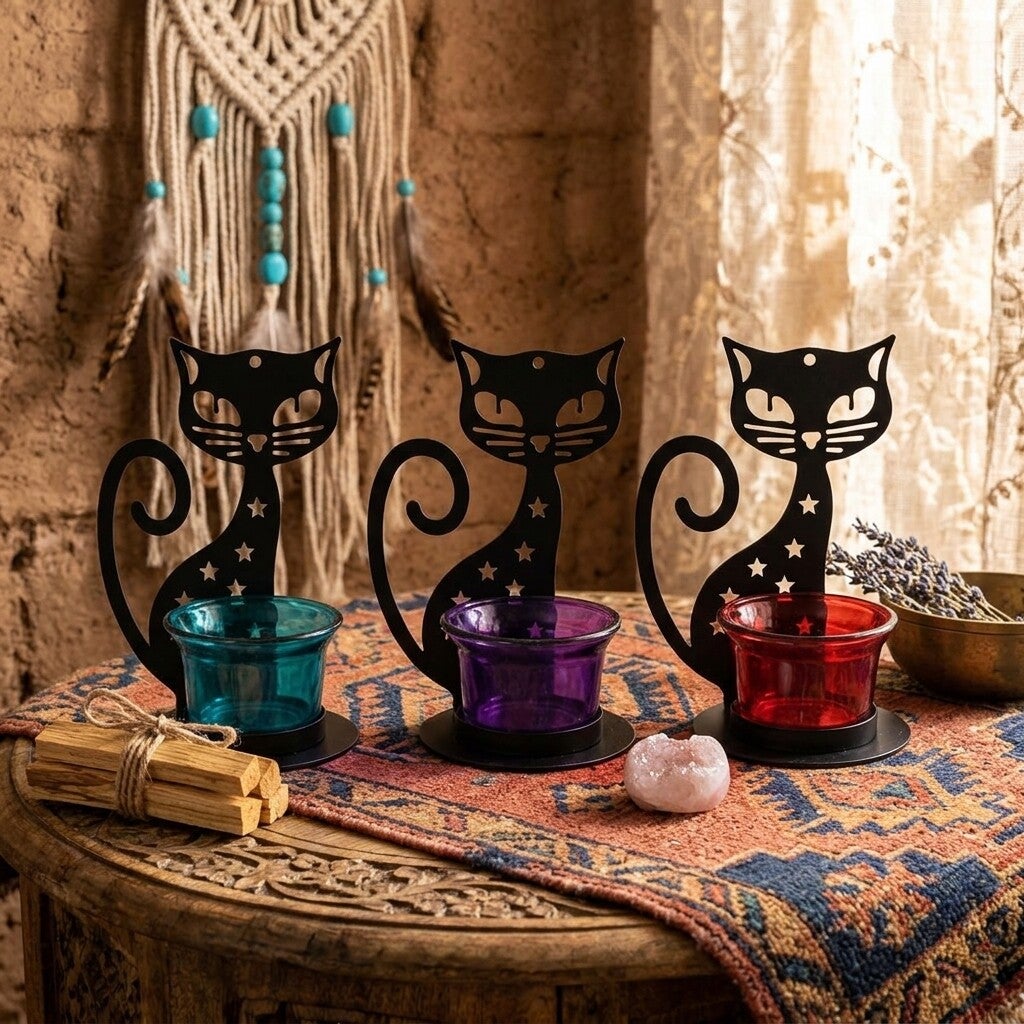 Portavelas Gato Místico de Metal y Cristal | Decoración Boho Chic