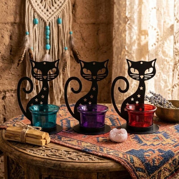 Portavelas Gato Místico de Metal y Cristal | Decoración Boho Chic