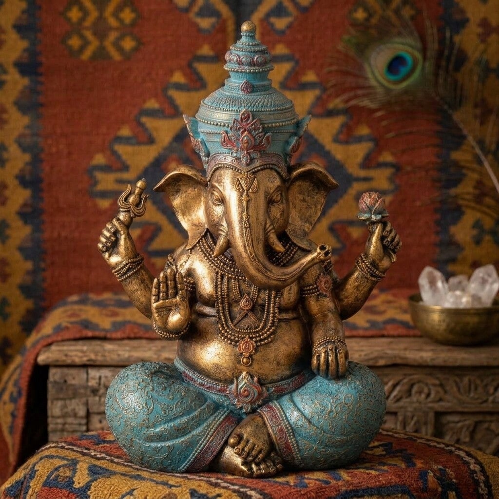 Figura de Ganesha Dorada y Turquesa | Estatua Hindú Decorativa Boho