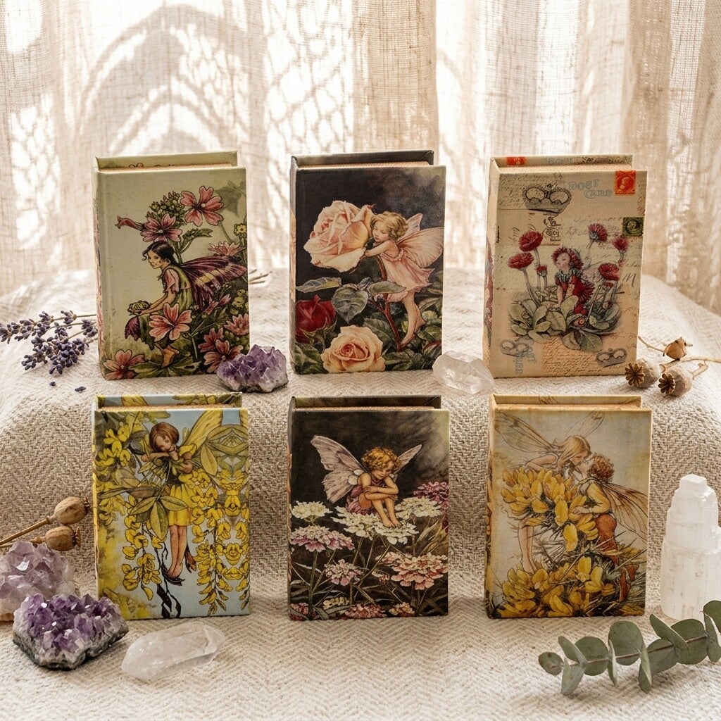 Caja Libro Hadas de las Flores MDF Tela | Alhajero Vintage Boho