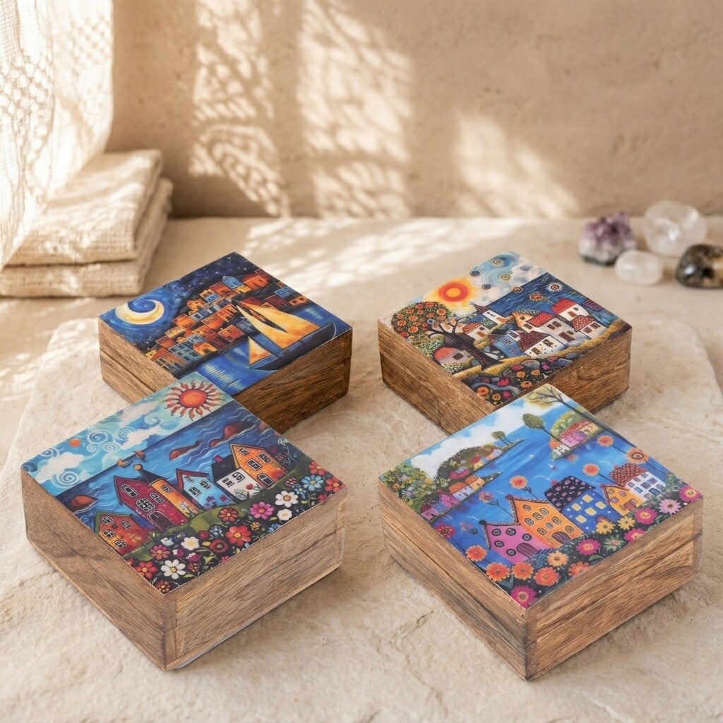 Caja de Madera de Mango Pintada a Mano | Alhajero Ilustrado Boho