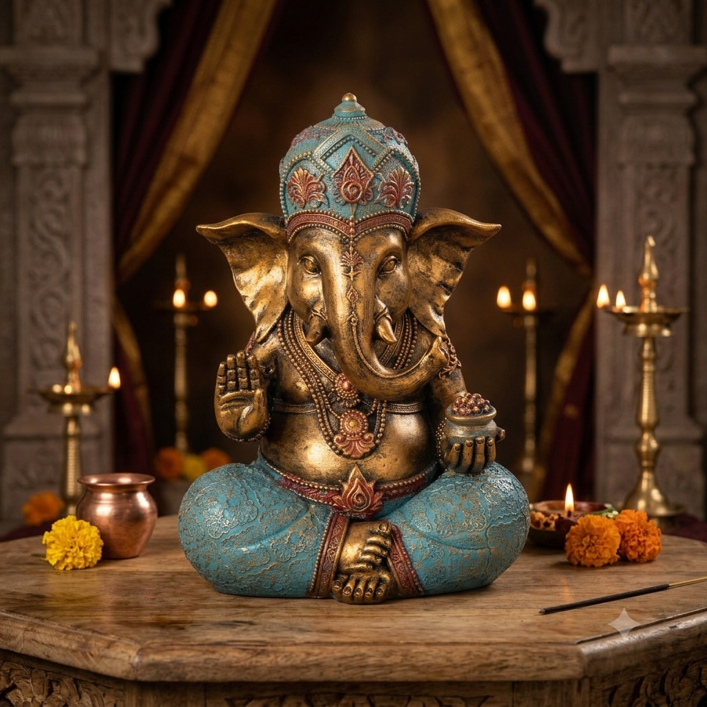 Ganesha Resina Dorado Turquesa | Artesanal Hippie