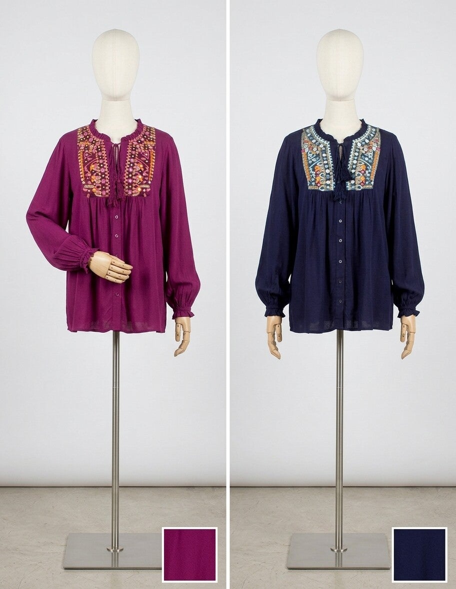 Blusa Bordada Boho Jaipur | Detalle de Espejos, Escote Henley y Viscosa