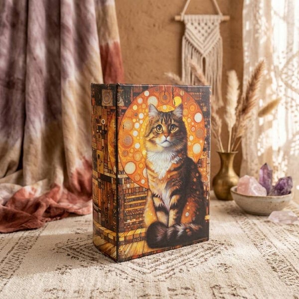 Caja Libro Secretos Gato Místico Klimt | Alhajero Artístico Boho