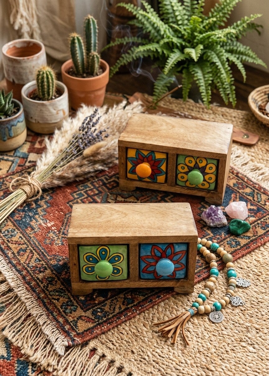Mini Mueble de Madera 2 Cajones Cerámica Flor | Boho Chic
