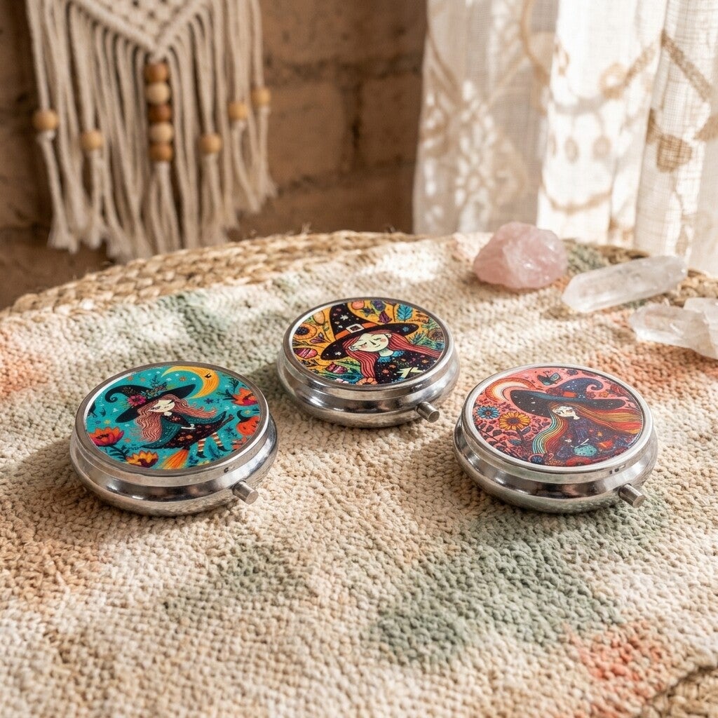 Pastillero de Metal Brujita Mística | Cajas para Pastillas Boho Chic