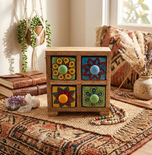 Mini Mueble de Madera 4 Cajones Cerámica Flor | Boho Chic