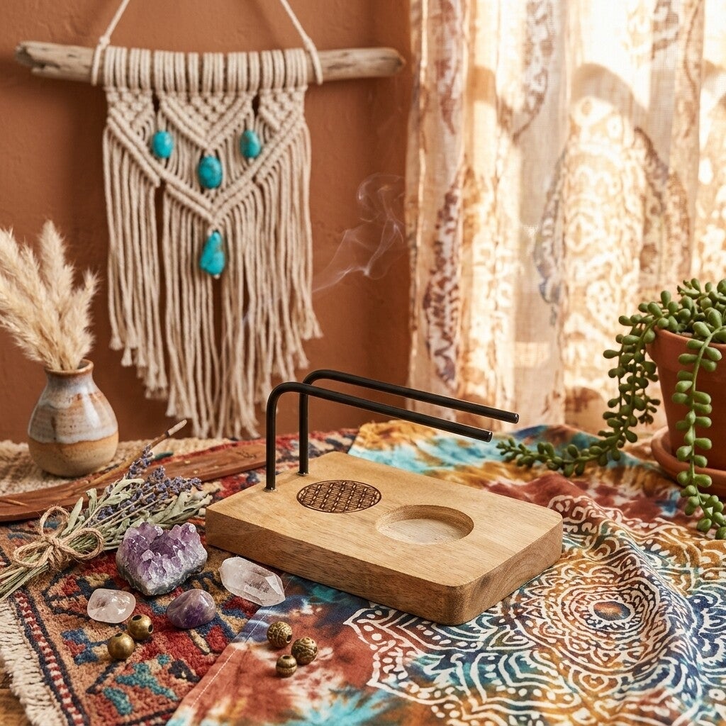 Inciensario de Madera y Metal Flor de la Vida | Soporte Boho para Incienso