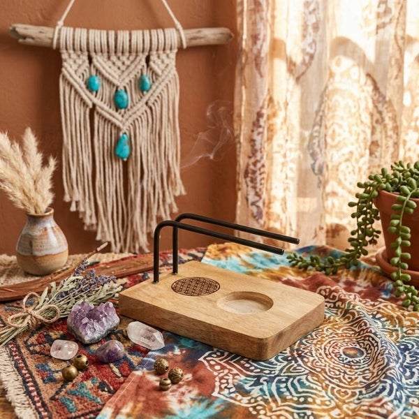 Inciensario de Madera y Metal Flor de la Vida | Soporte Boho para Incienso