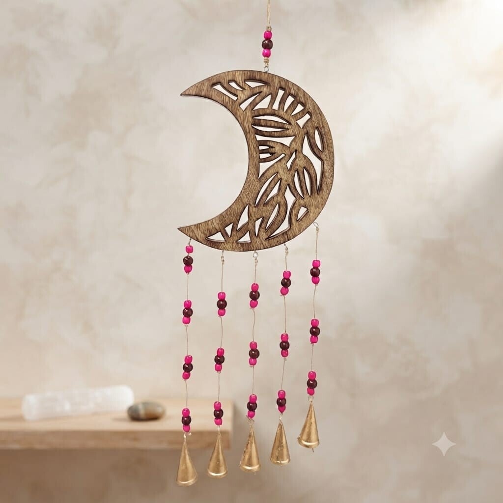 Colgante Pared Luna de Madera y Cascabeles | Boho Chic