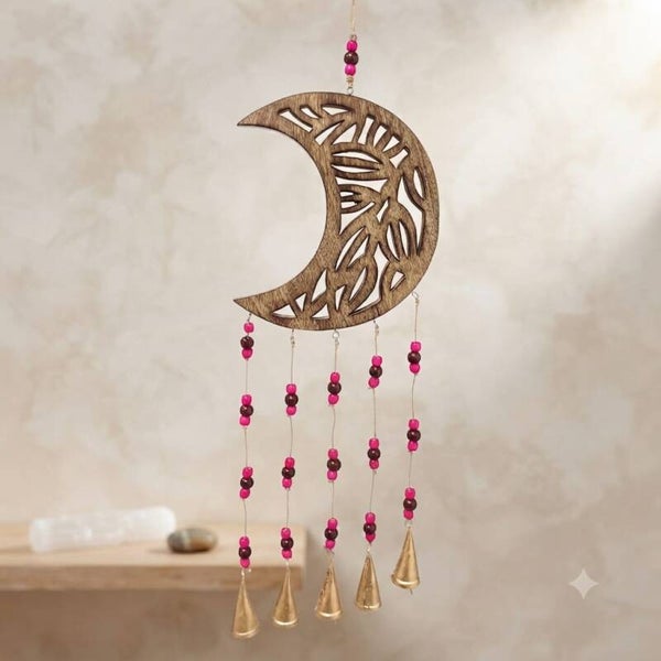 Colgante Pared Luna de Madera y Cascabeles | Boho Chic