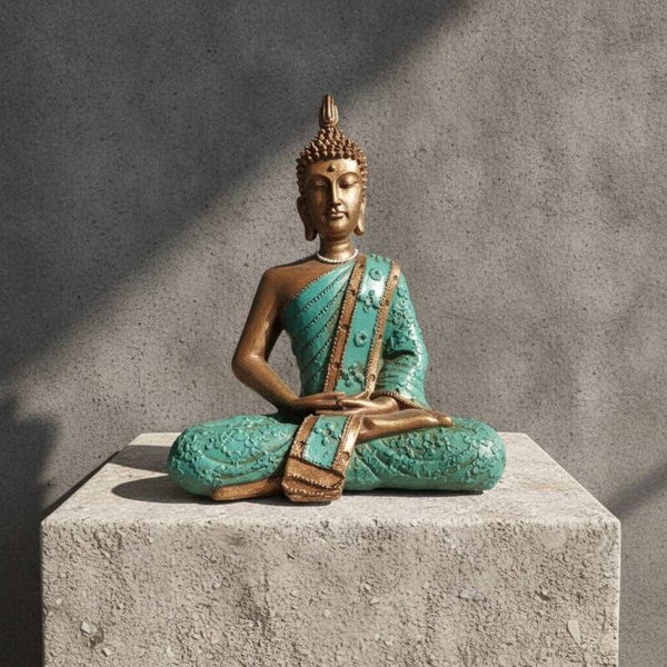 Buda Meditando Turquesa y Bronce | Figura Resina Zen