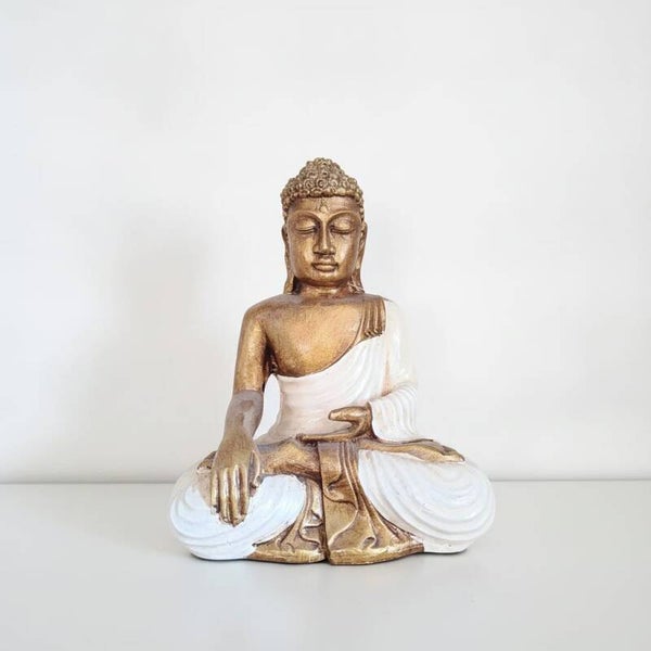 Buda Meditando Blanco y Dorado | Figura Resina Zen