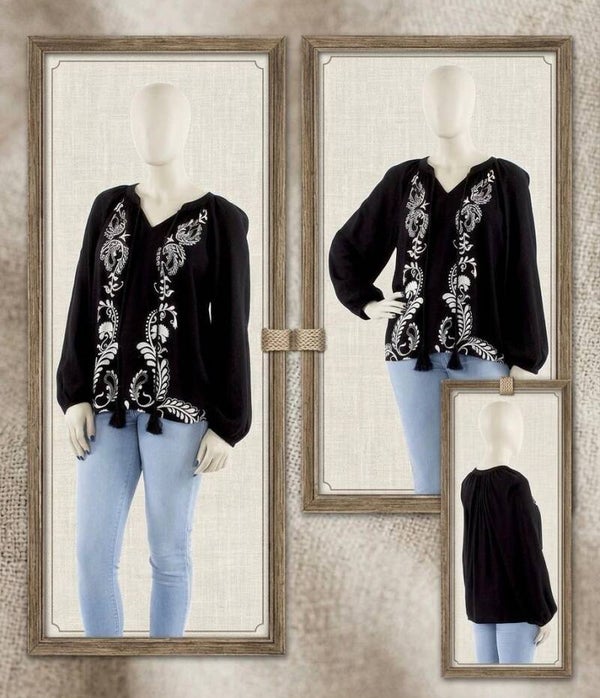 Blusa Jaipur Negra con Bordado Blanco | Estilo Boho