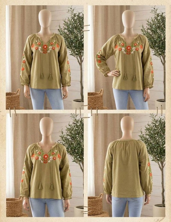 Blusa Udaipur Verde Oliva con Bordado Floral