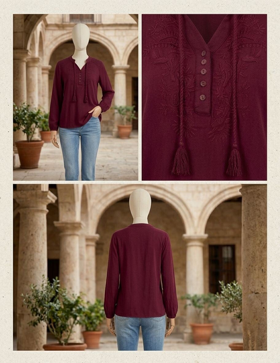 Blusa Varanasi Burdeos con Bordado Tono a Tono