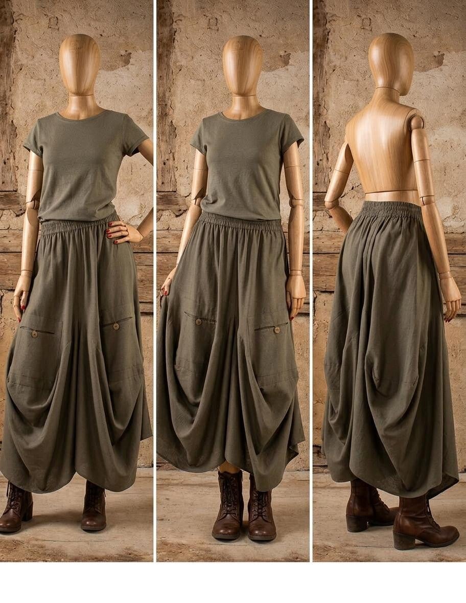 Falda Maxi Agra Verde Caqui Estilo Cargo | Moda Boho Chic