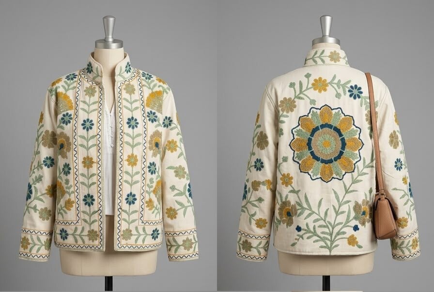 Chaqueta Boho Bordada Jaipur | Marfil, Rosetón Mandala Mostaza y Cuello Mao