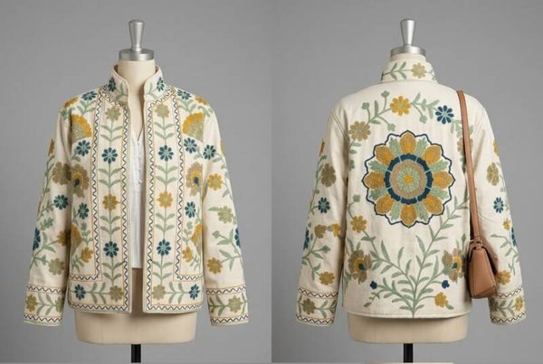 Chaqueta Boho Bordada Jaipur | Marfil, Rosetón Mandala Mostaza y Cuello Mao