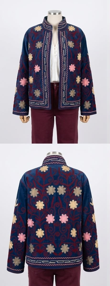 Chaqueta Boho Bordada Shimla | Terciopelo Azul Noche, Cuello Mao y Flores