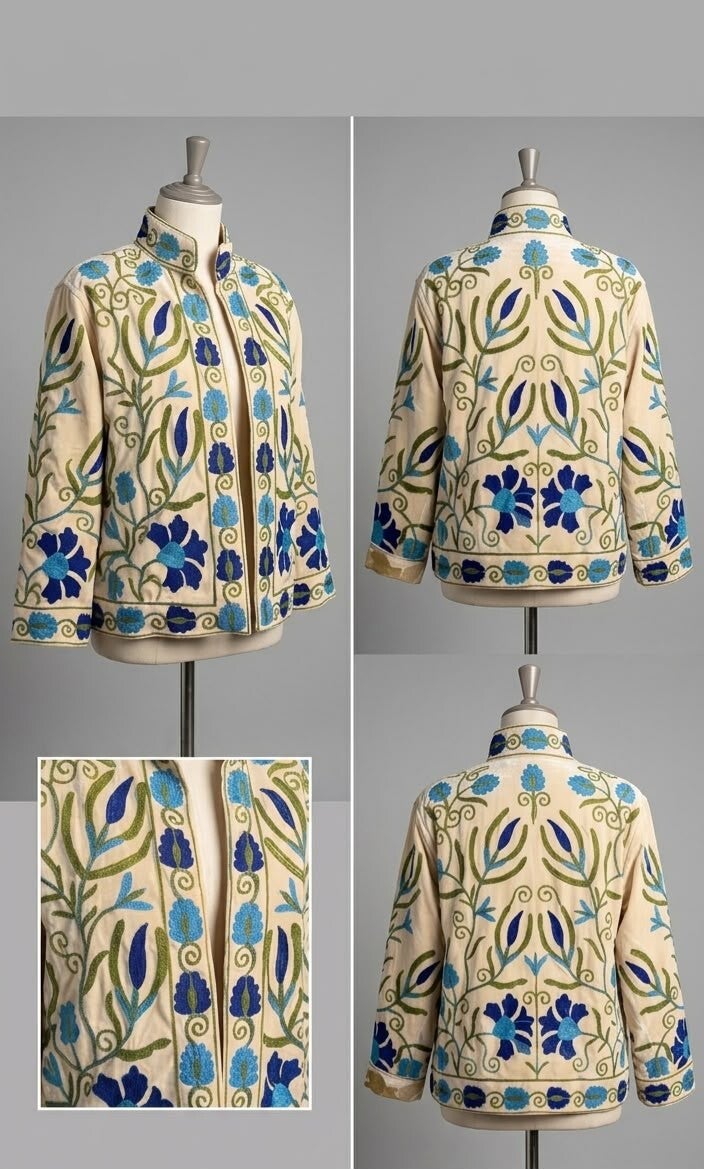 Chaqueta Boho Bordada Jodhpur | Cuello Mao y Motivos Florales Azules