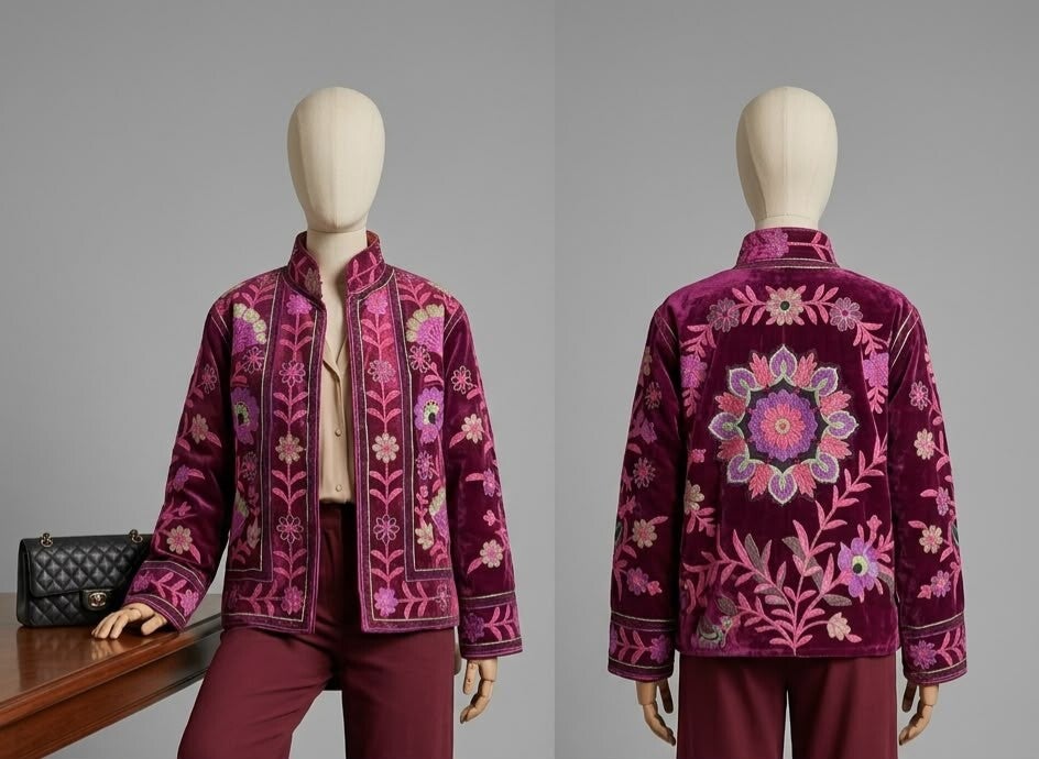 Chaqueta Boho Bordada Goa | Terciopelo Magenta, Mandala Espalda y Cuello Mao