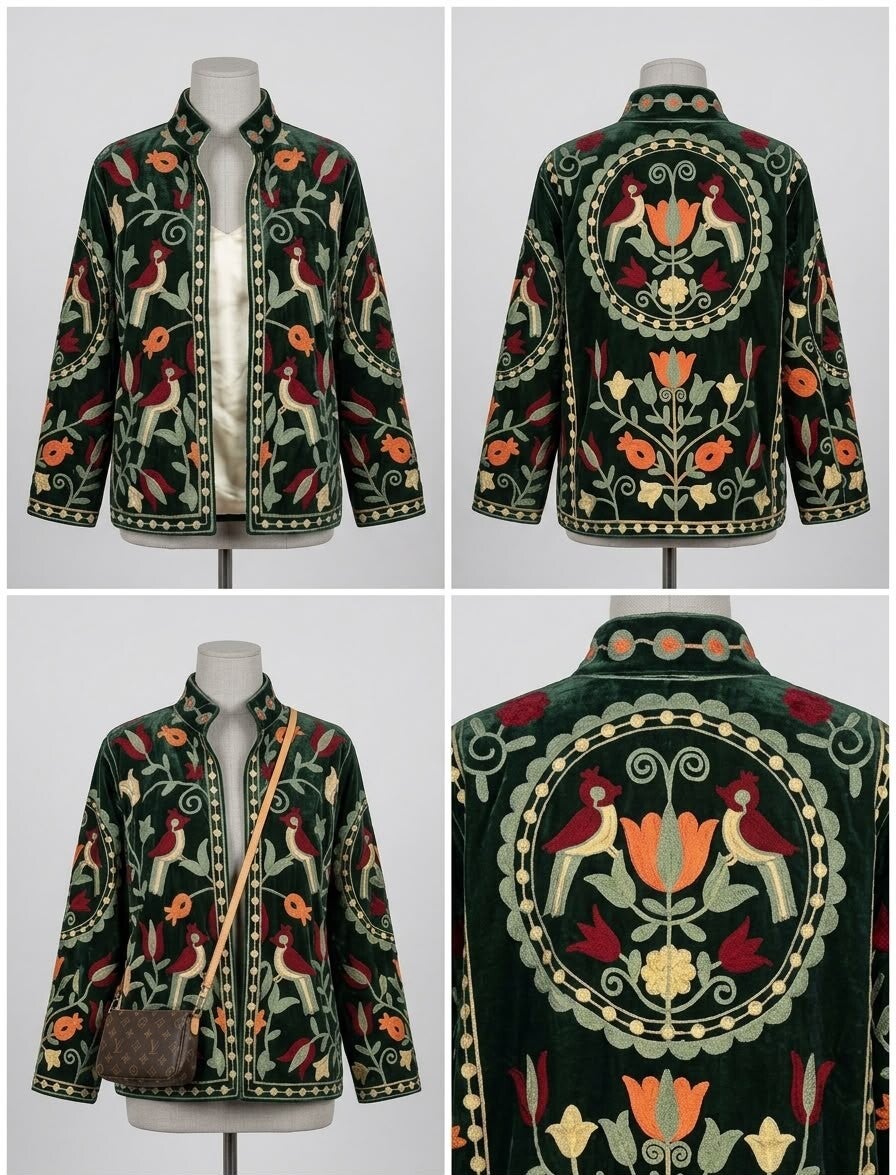 Chaqueta Boho Bordada Kerala | Terciopelo Verde, Cuello Mao y Motivos de Pájaros