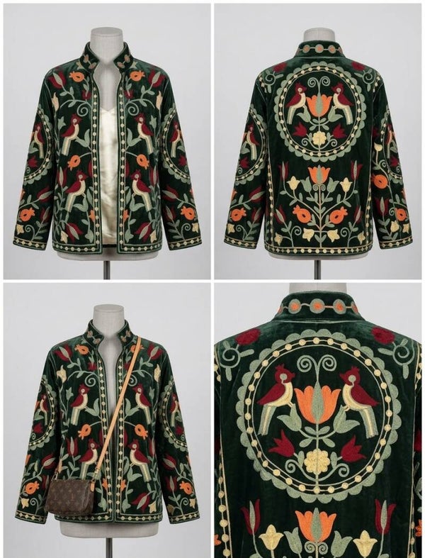 Chaqueta Boho Bordada Kerala | Terciopelo Verde, Cuello Mao y Motivos de Pájaros