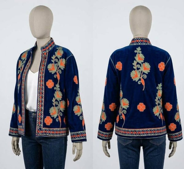 Chaqueta Boho Bordada Udaipur | Terciopelo Azul Marino, Naranja y Cuello Mao