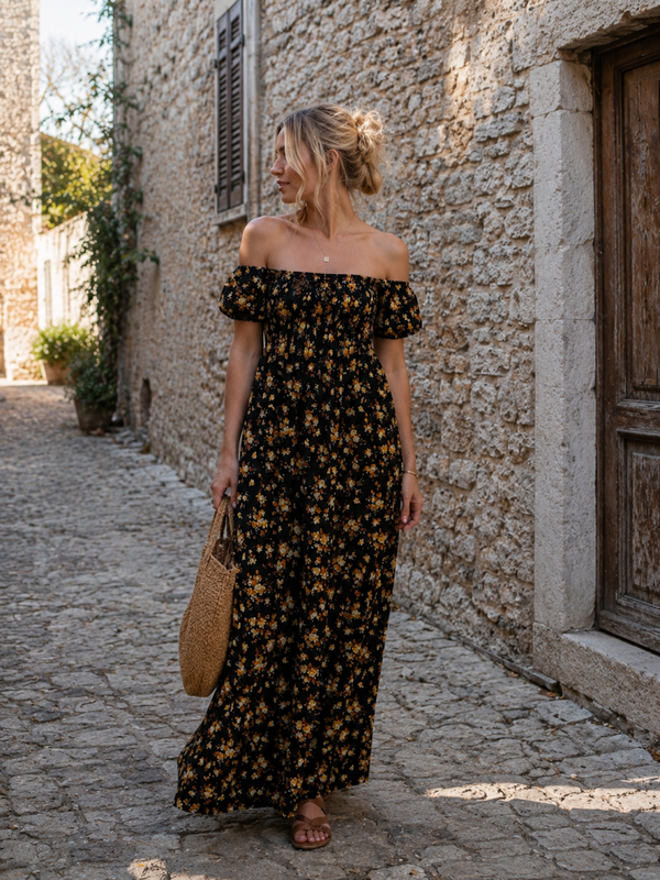 Robe longue fleurie noir & jaune – Élégance bohème
