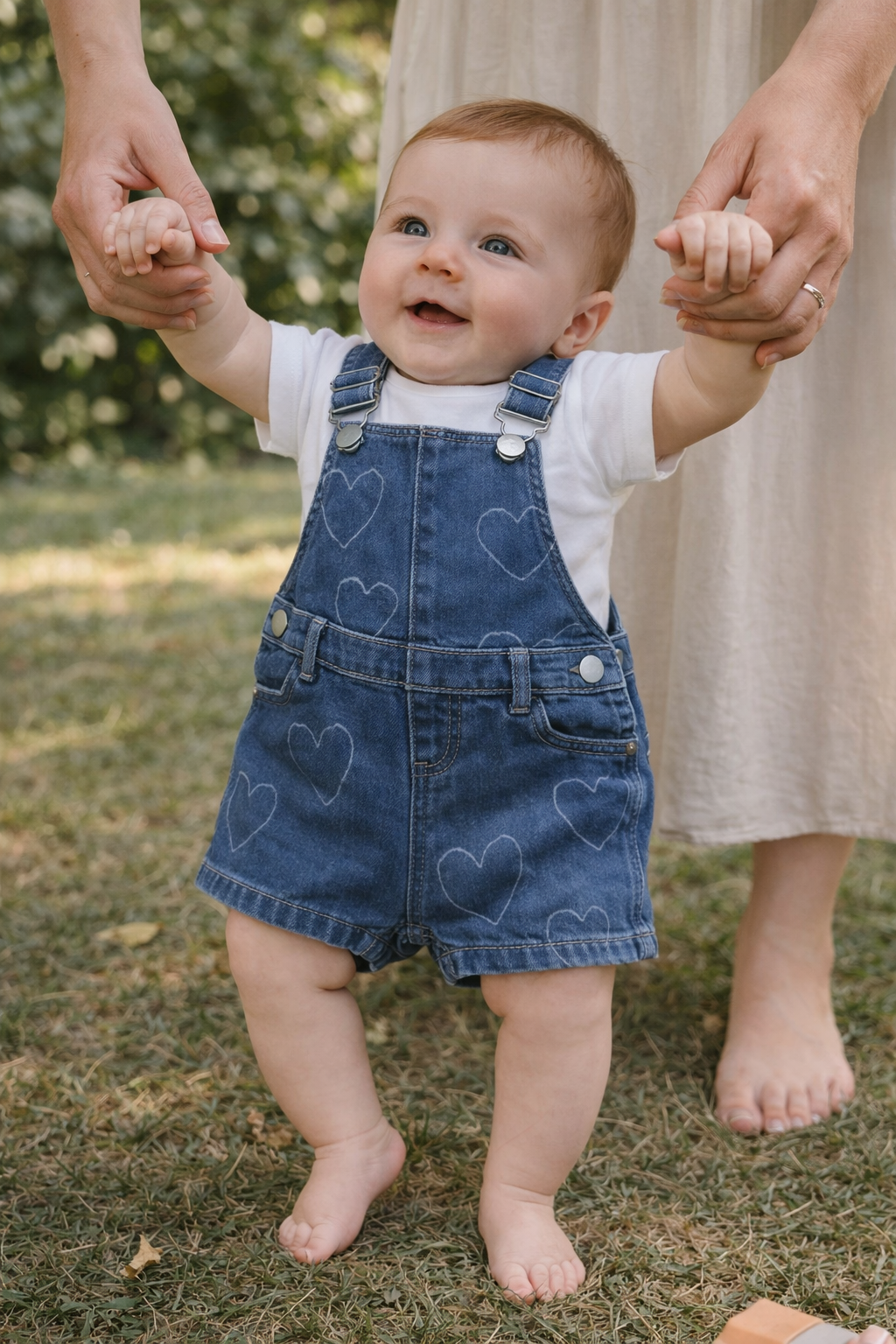 Salopette short bébé en jean – petits cœurs