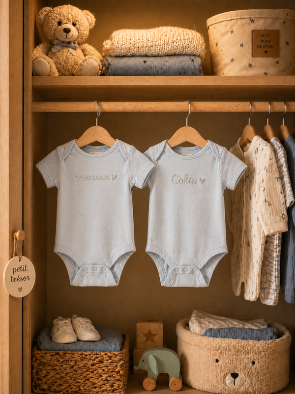 Lot de 2 body bébé brodés – “Précieux” & “Câlin” 🩵