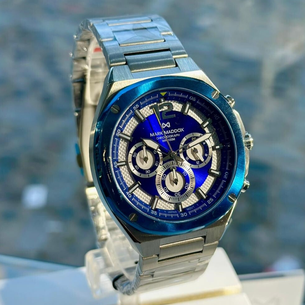 Reloj caja bitono de acero e Ip azul 10 Atm, brazalete de acero, movimiento cuarzo