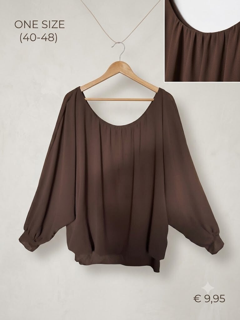 Chocobruine Chiffon damesblouses met vleermuismouwen