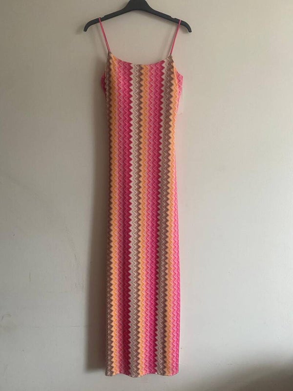 zigzag jurk lang roze oranje beige