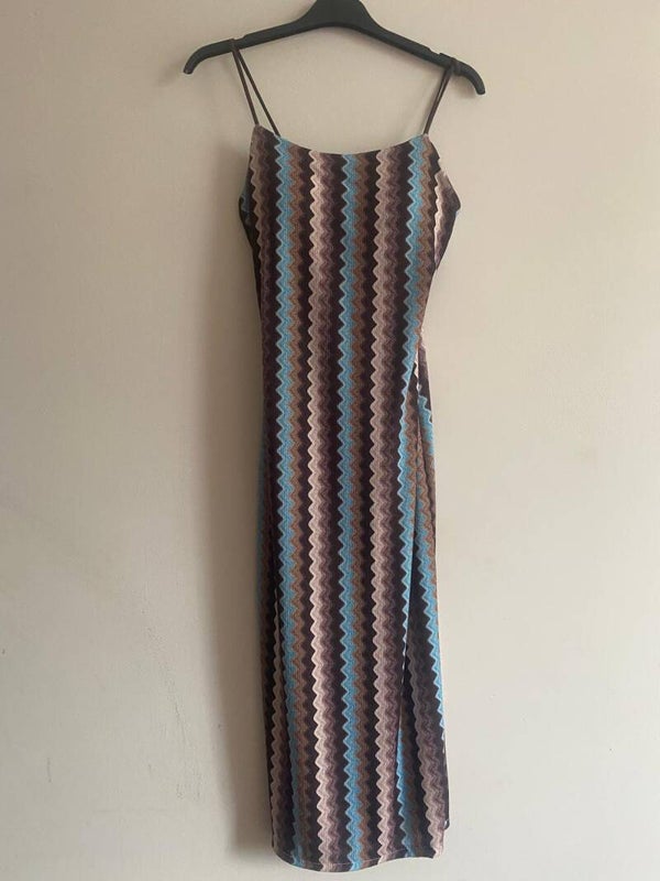 zigzag jurk choco beige blauw (knie)