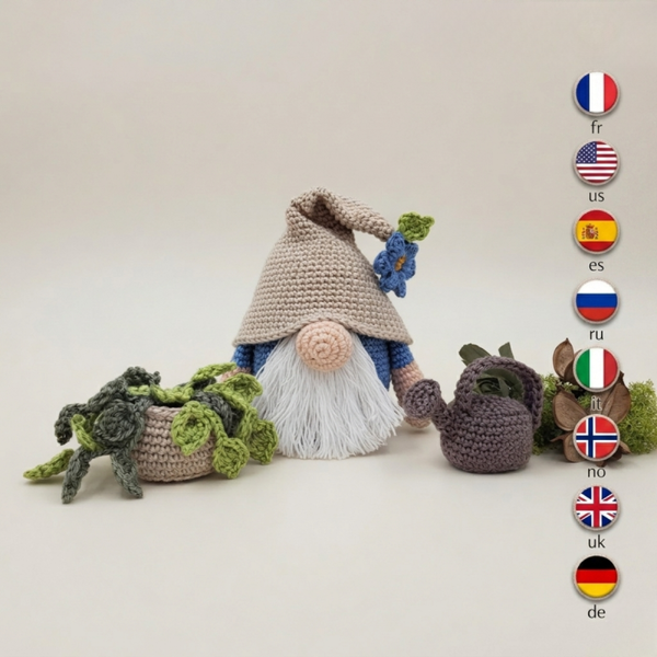 Patron Crochet Gnome Jardinier PDF - Amigurumi - Langue fr, us, es, ru, it, no, uk, de, no
