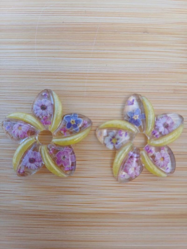 Grandes hibiscus jaunes et violettes