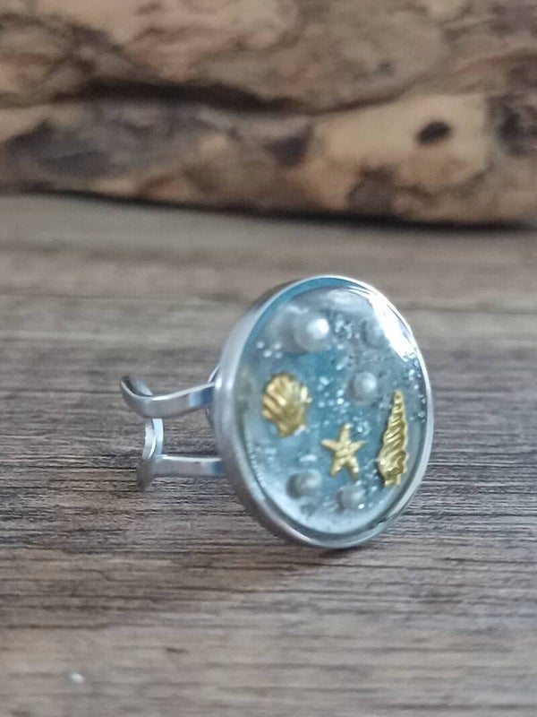 Bague argentée thème plage